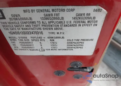 2002 Chevrolet Trailblazer Ltz from USA, damaged, VIN 1GNDS13S022470316